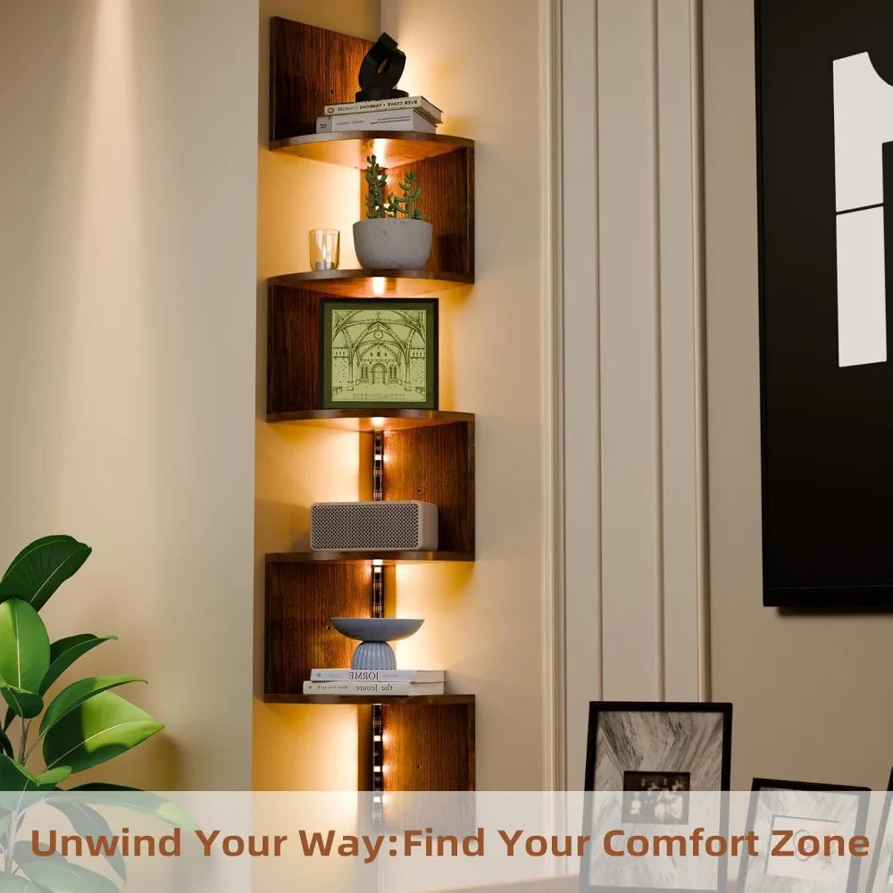 HAAYOT Corner Shelf Wall Mounted 5 Tier Shelves With Lights