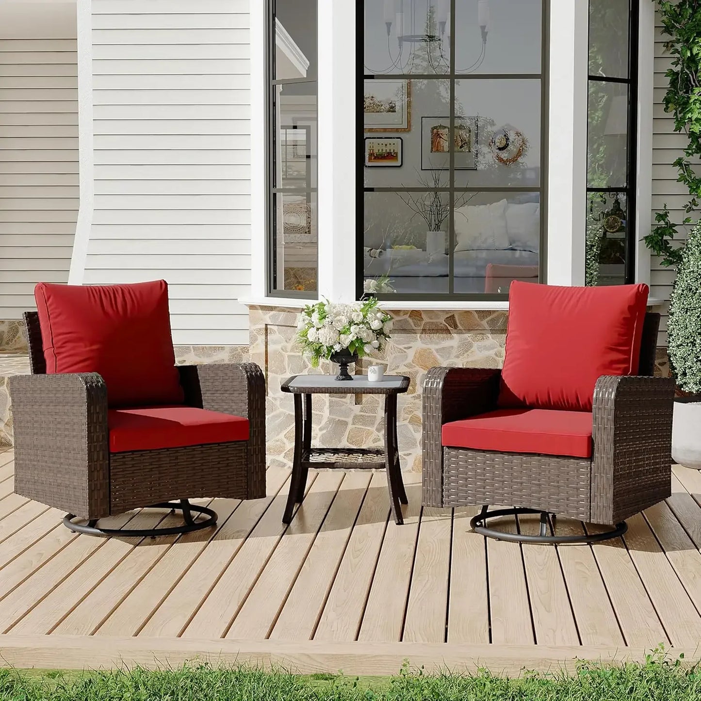 HUANZHUANG Swivel Chairs Set Side Table All Weather Bistro