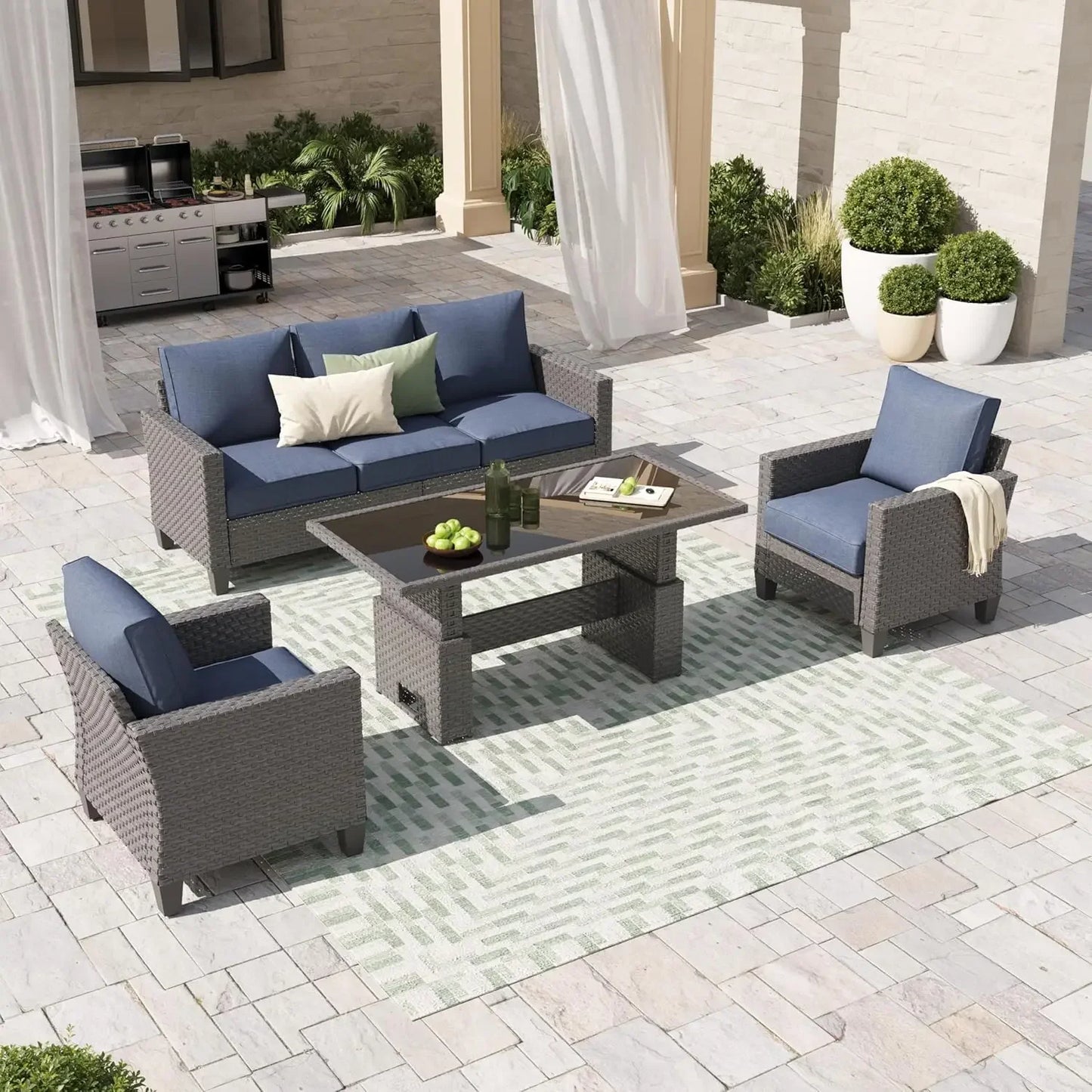 GUANGBAI Outdoor Patio Set 4 Piece Wicker With Lift