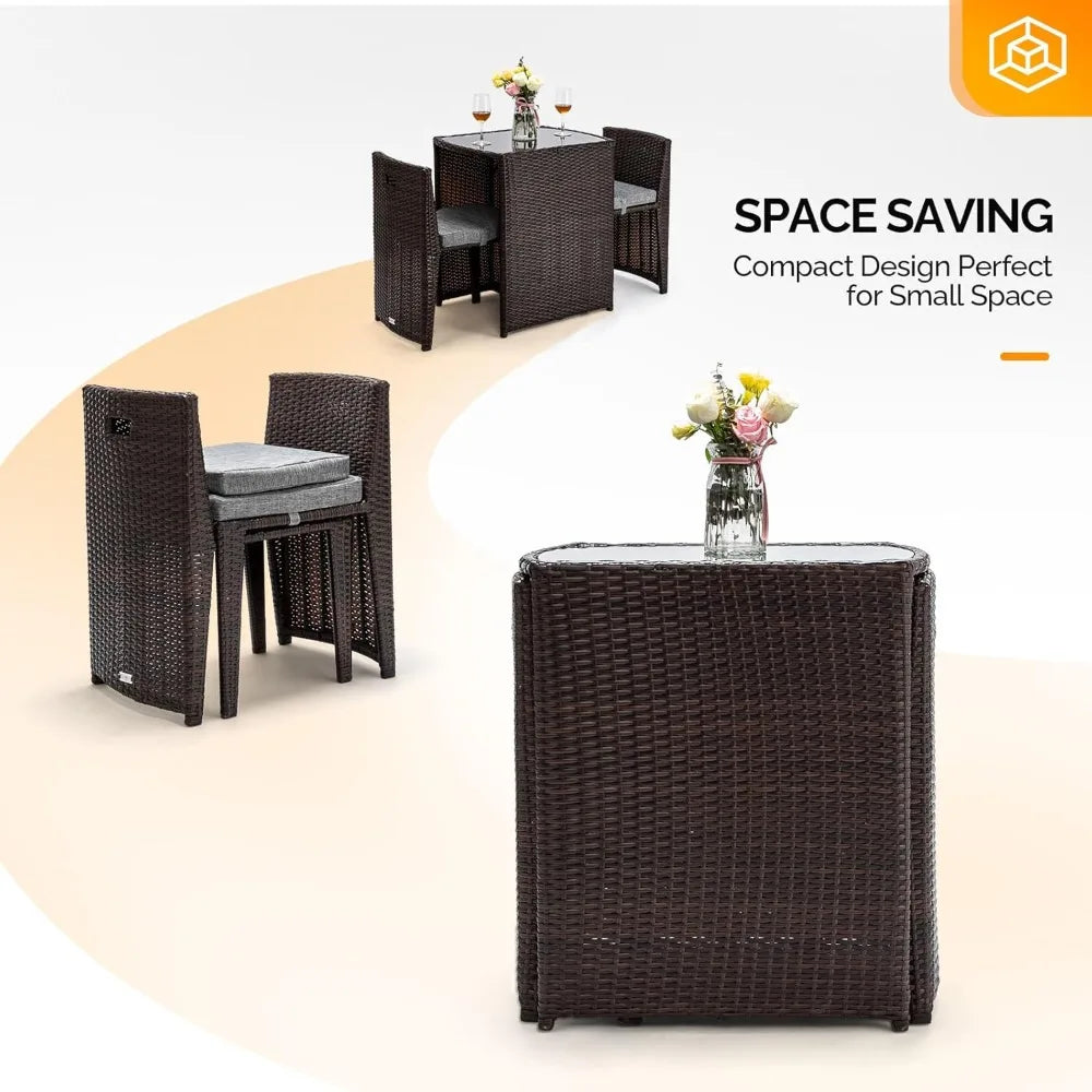 Wicker Patio Bistro Set With Glass Top Table For Balcony