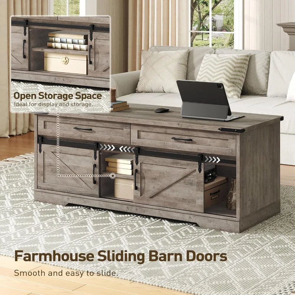Farmhouse Coffee Table With Storage And Sliding Barn Doors