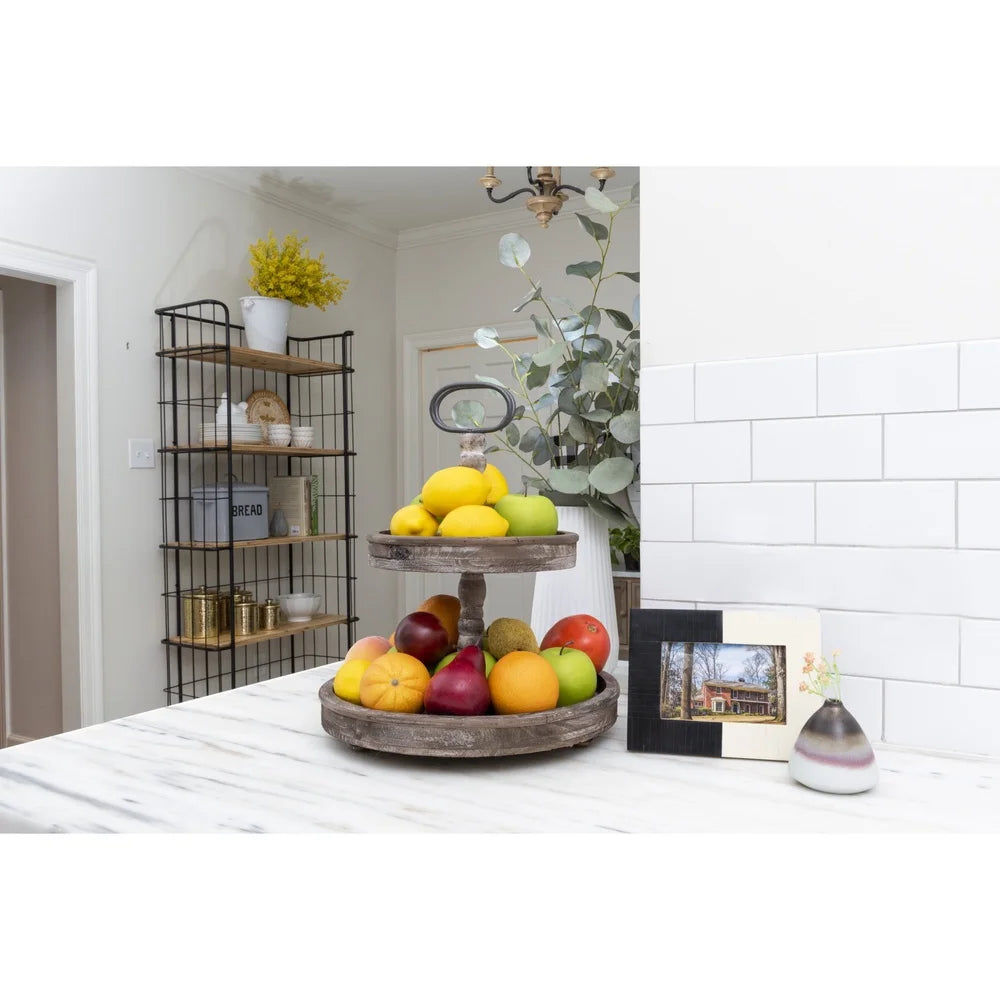 XMSJ Distressed Brown Wood 2 Tier Tray With Metal Handle