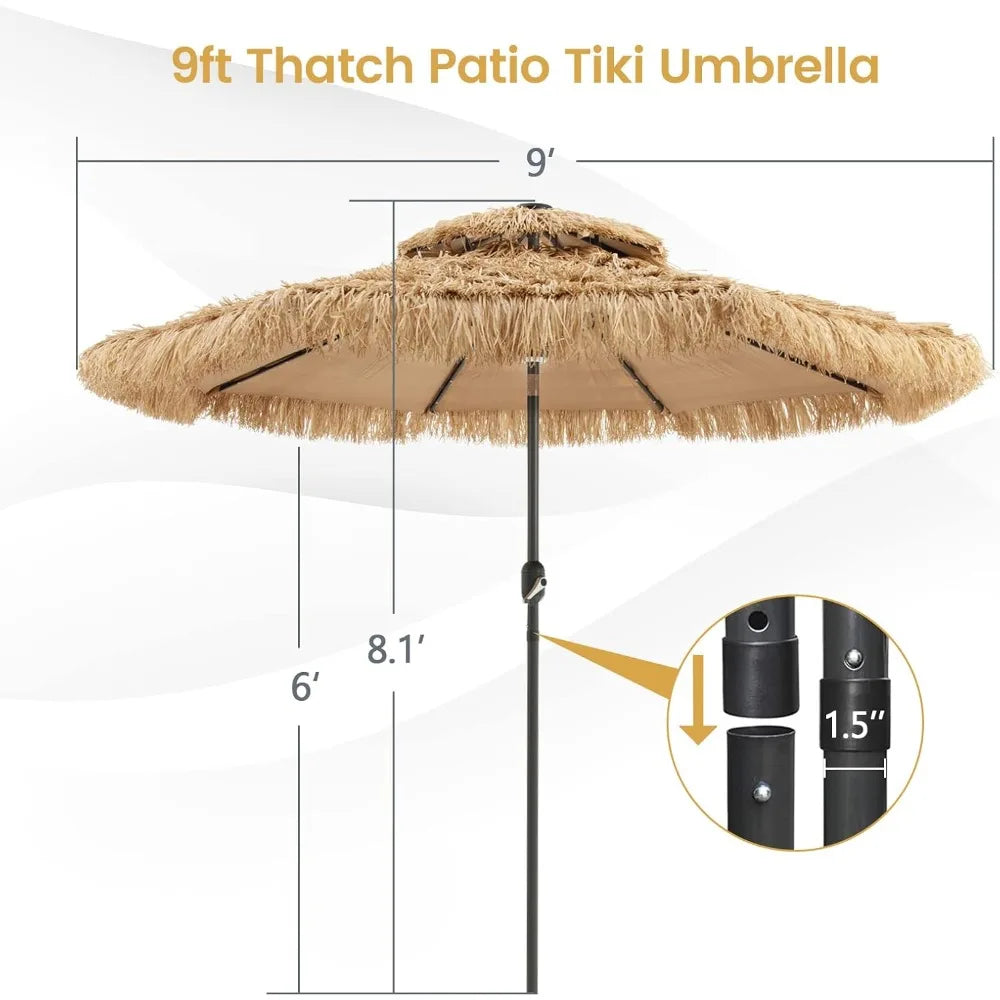 Thatched Patio Umbrella 9ft With LED Lights Solar Tiki
