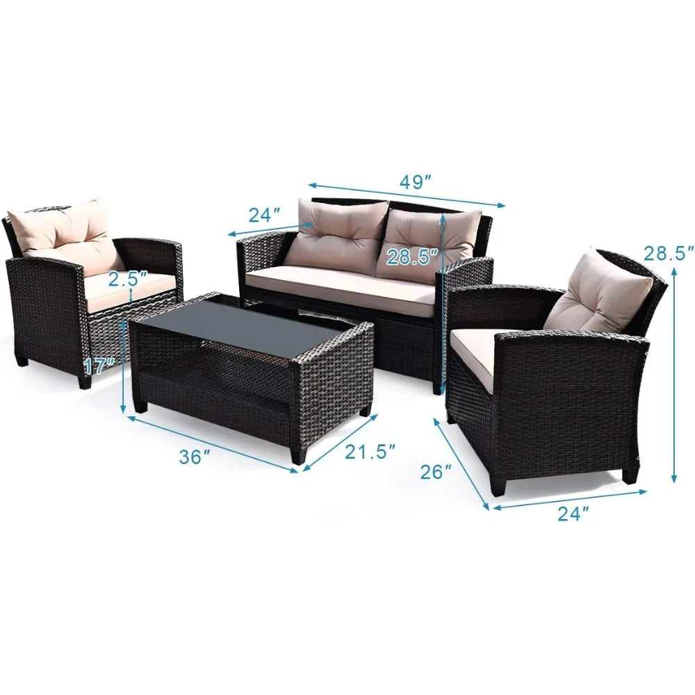 Outdoor Rattan Patio Set With Glass Table All Weather