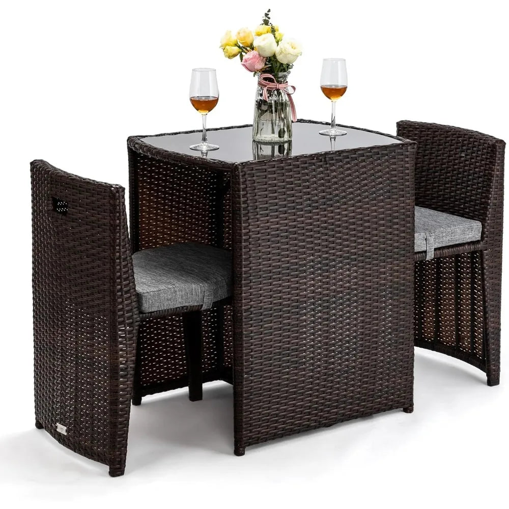 Wicker Patio Bistro Set With Glass Top Table For Balcony