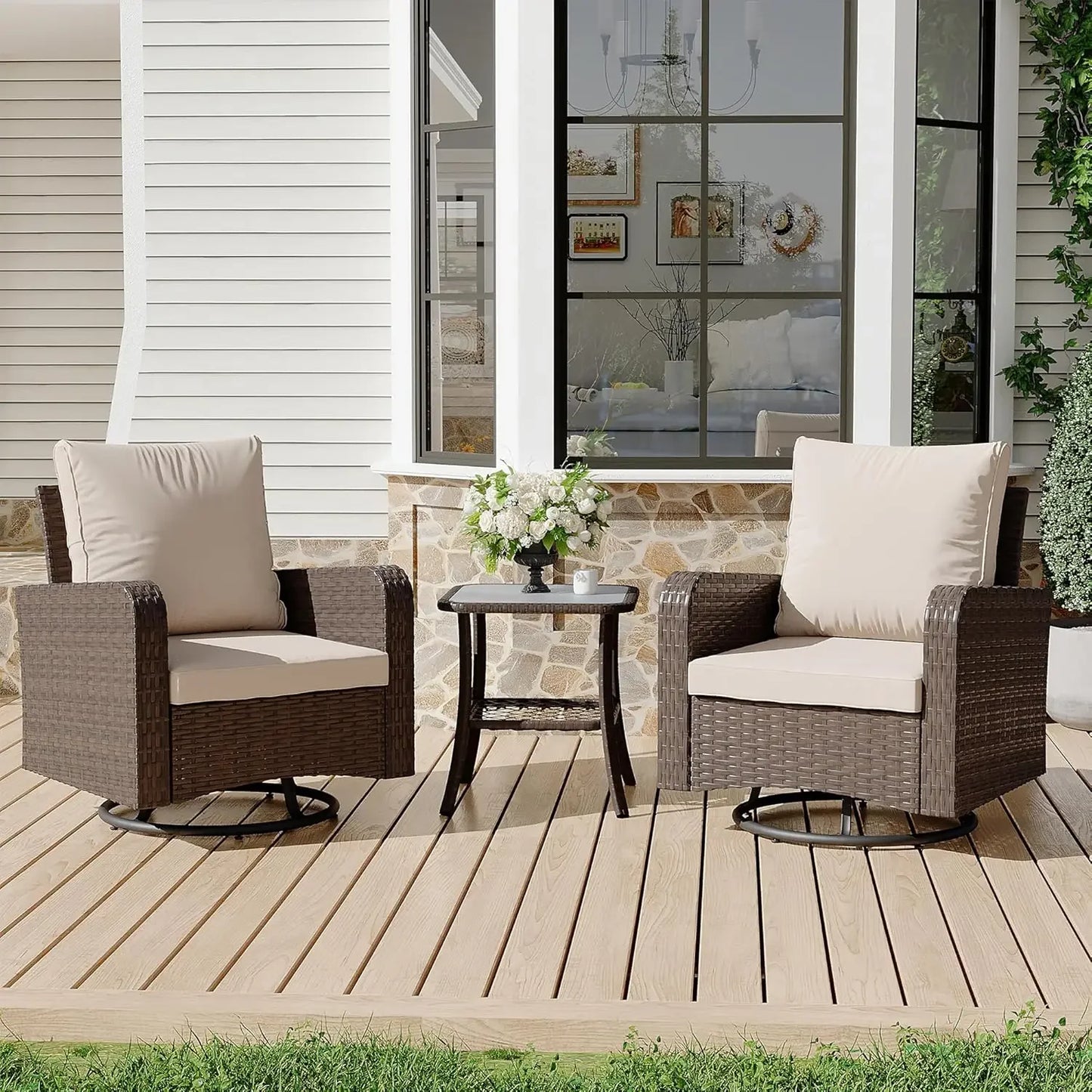 HUANZHUANG Swivel Chairs Set Side Table All Weather Bistro