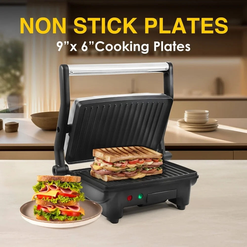3 in 1 Panini Press Grill Electric Compact Non-Stick Cooking Surface Flat Griddle Grease Drawer Cool-Touch Handle Kitchen
