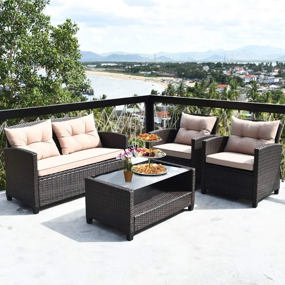 Outdoor Rattan Patio Set With Glass Table All Weather