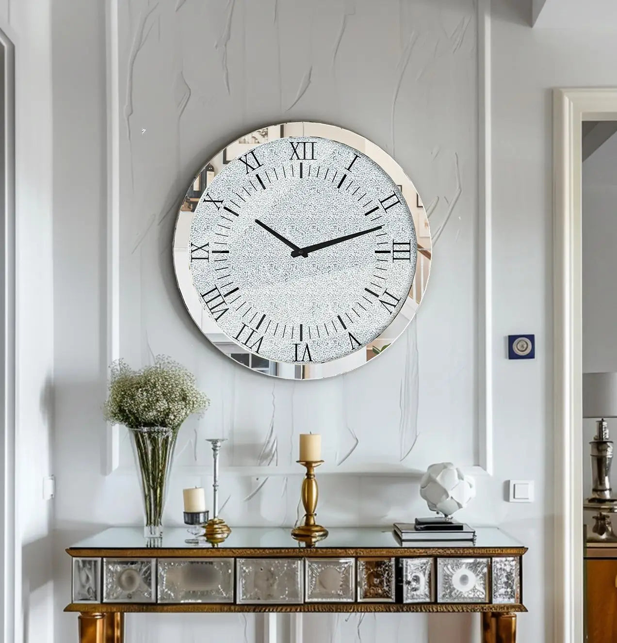 Combination Crystal Diamond Mirrored Wall Clock Glass