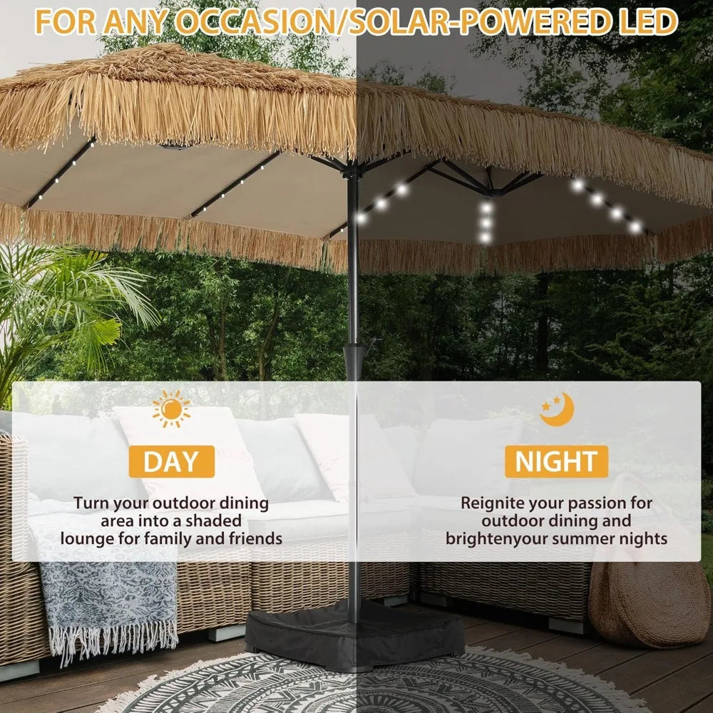 MKDK Tiki Patio Umbrella With 48 LED Lights Durable Base