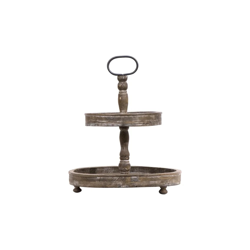 XMSJ Distressed Brown Wood 2 Tier Tray With Metal Handle