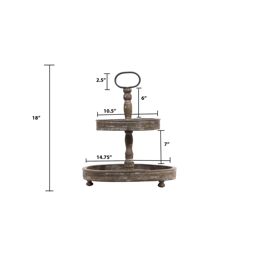 XMSJ Distressed Brown Wood 2 Tier Tray With Metal Handle