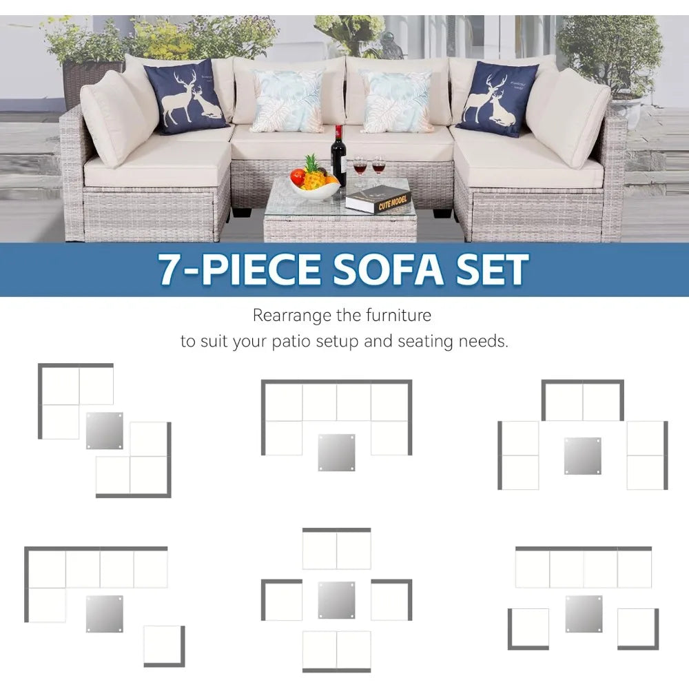 Guangbai 7 Piece Outdoor Rattan Sectional Sofa Set Patio