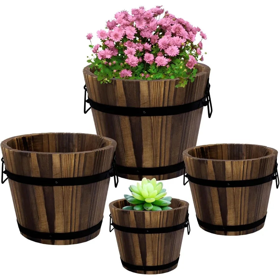Hign Concerned Wooden Whiskey Barrel Planters 4 Pack Garden