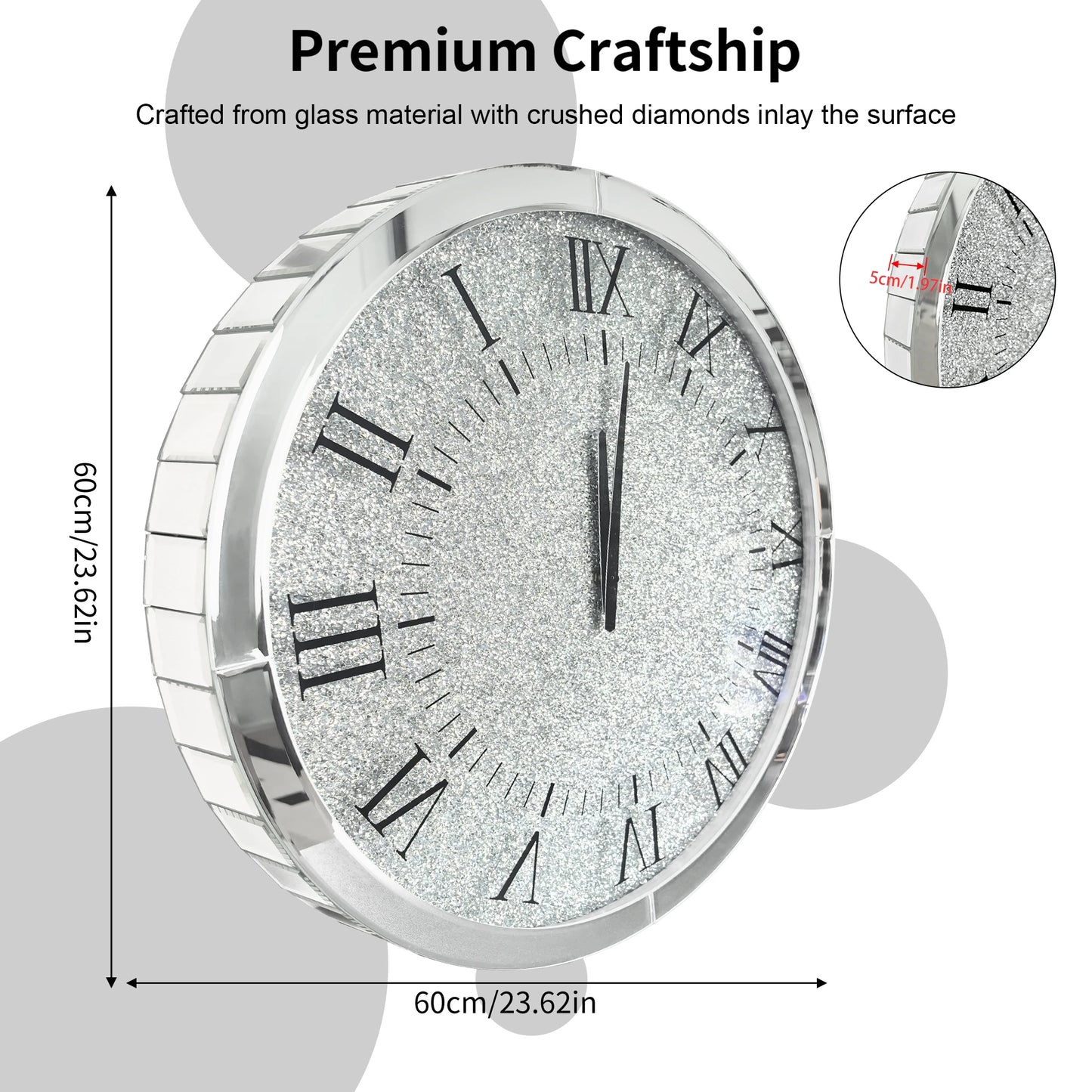 Combination Crystal Diamond Mirrored Wall Clock Glass