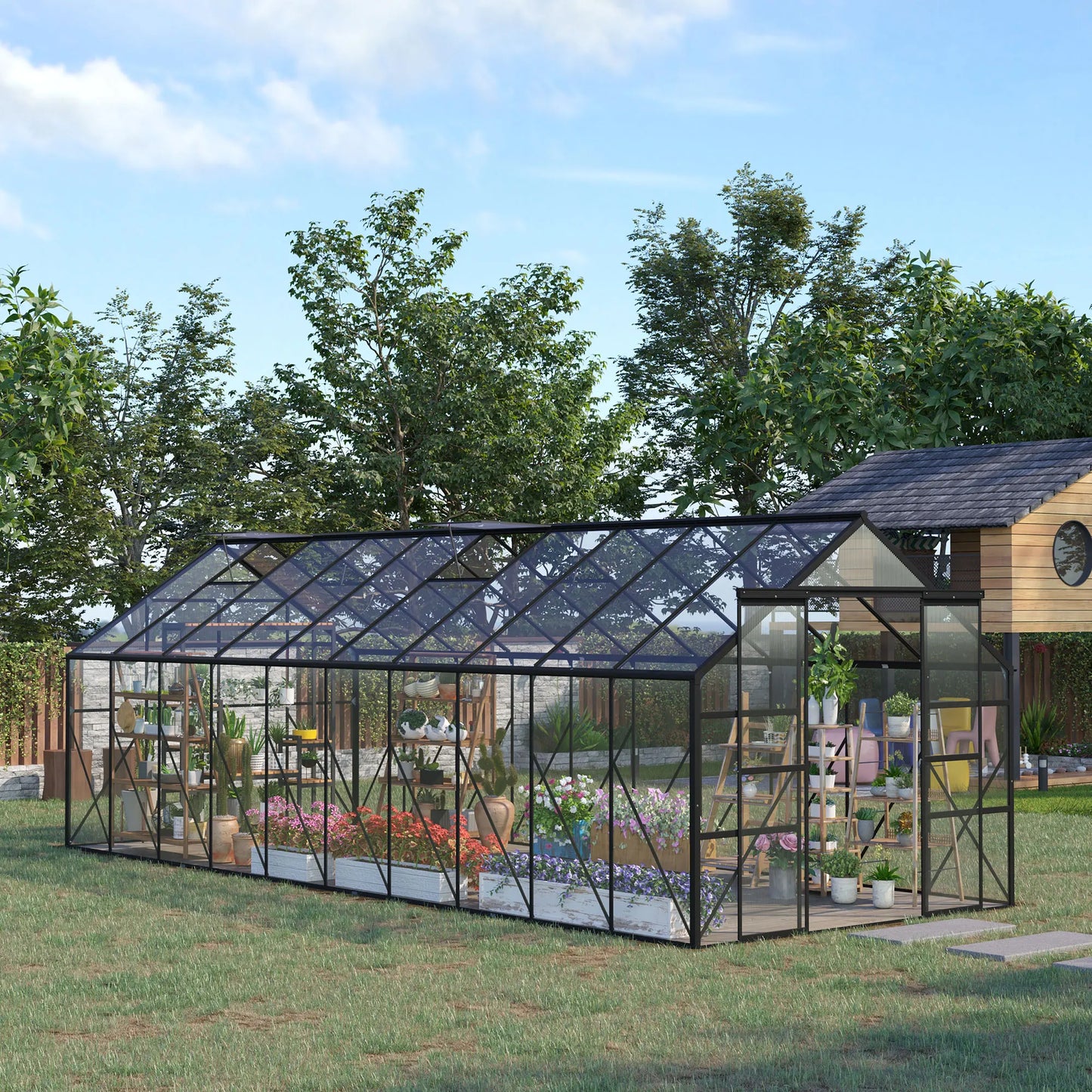 Outsunny Polycarbonate Walk In Greenhouse Kit Sliding Door