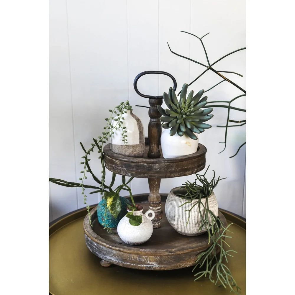 XMSJ Distressed Brown Wood 2 Tier Tray With Metal Handle