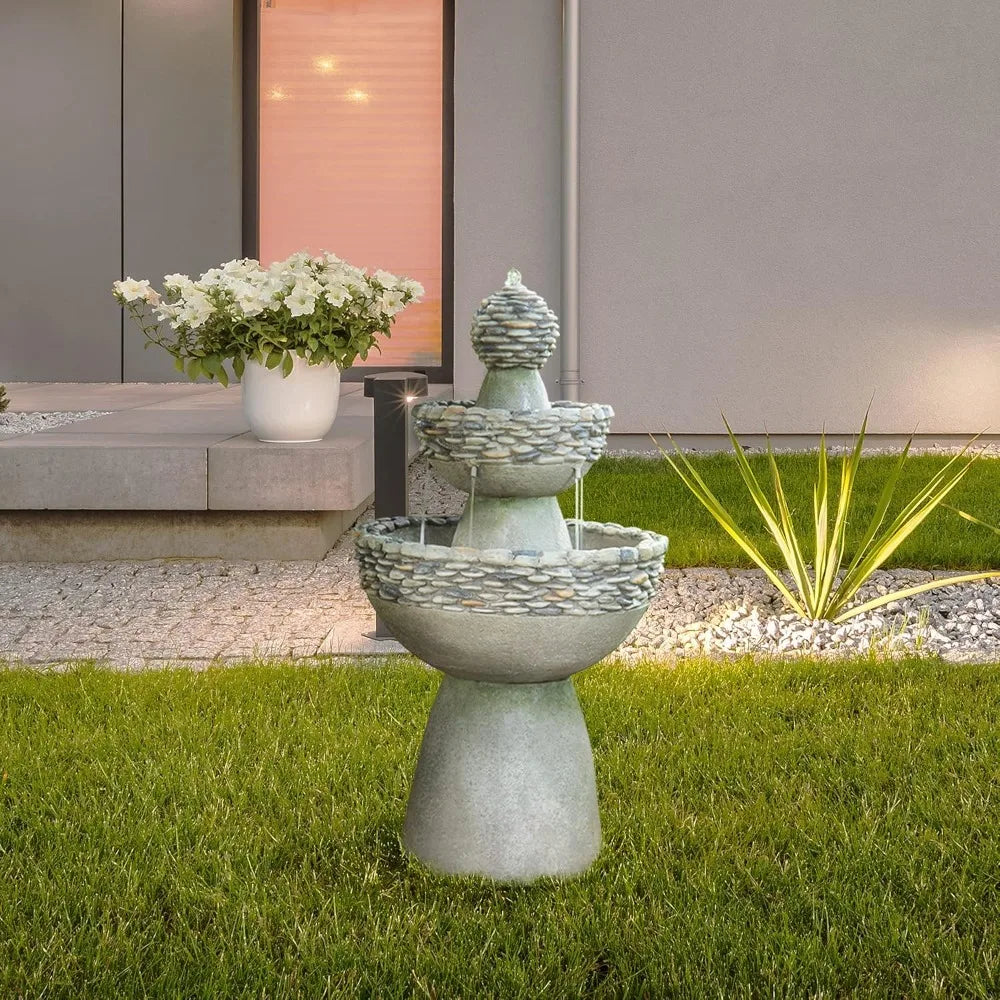 Outdoor 3 Tier Zen Style Pedestal Fountain Stone Trim