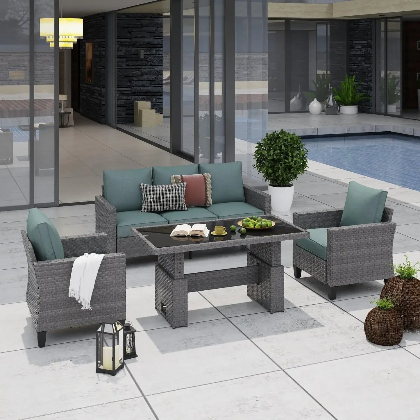 GUANGBAI Outdoor Patio Set 4 Piece Wicker With Lift