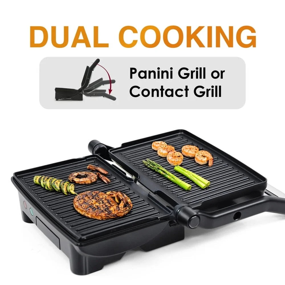 3 in 1 Panini Press Grill Electric Compact Non-Stick Cooking Surface Flat Griddle Grease Drawer Cool-Touch Handle Kitchen
