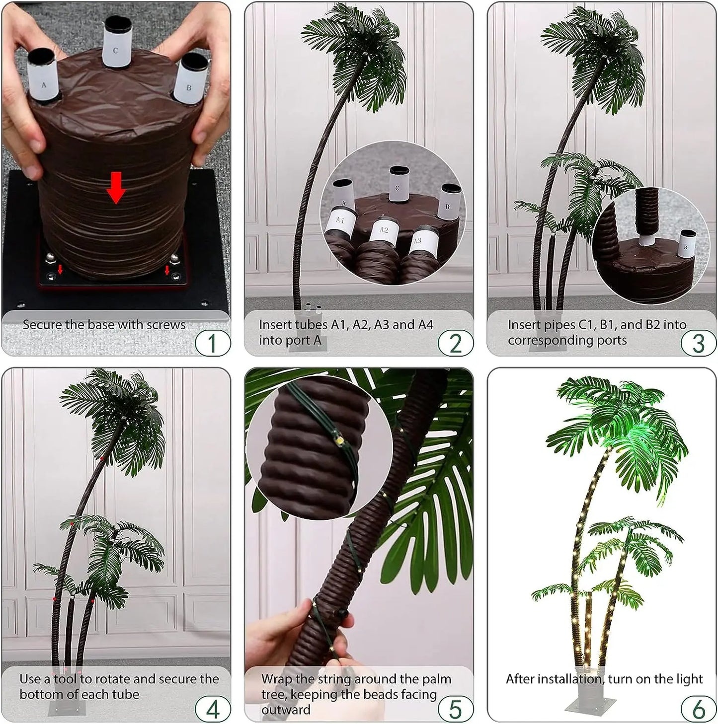 Solar Lighted Palm Tree 6ft LED For Tiki Bar Xmas Decor