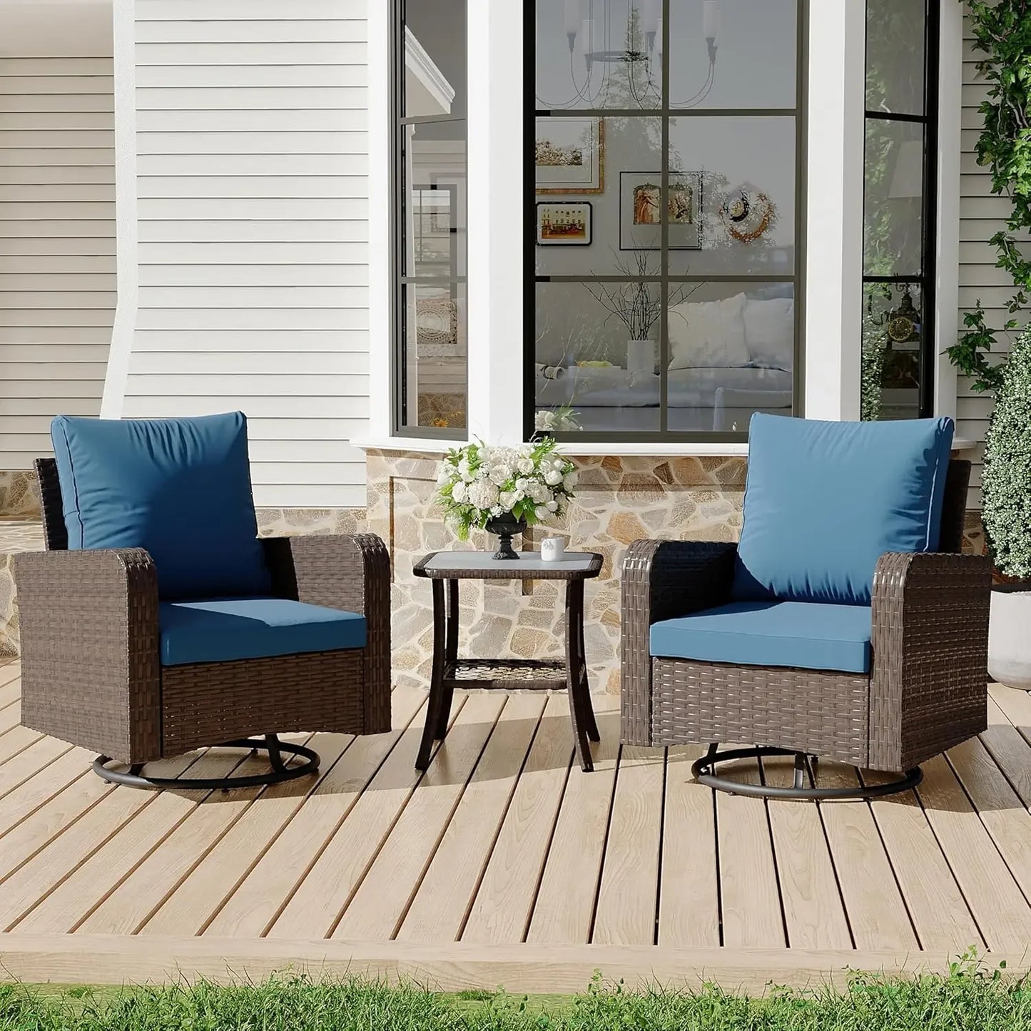 HUANZHUANG Swivel Chairs Set Side Table All Weather Bistro