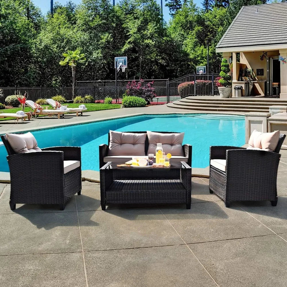 Outdoor Rattan Patio Set With Glass Table All Weather