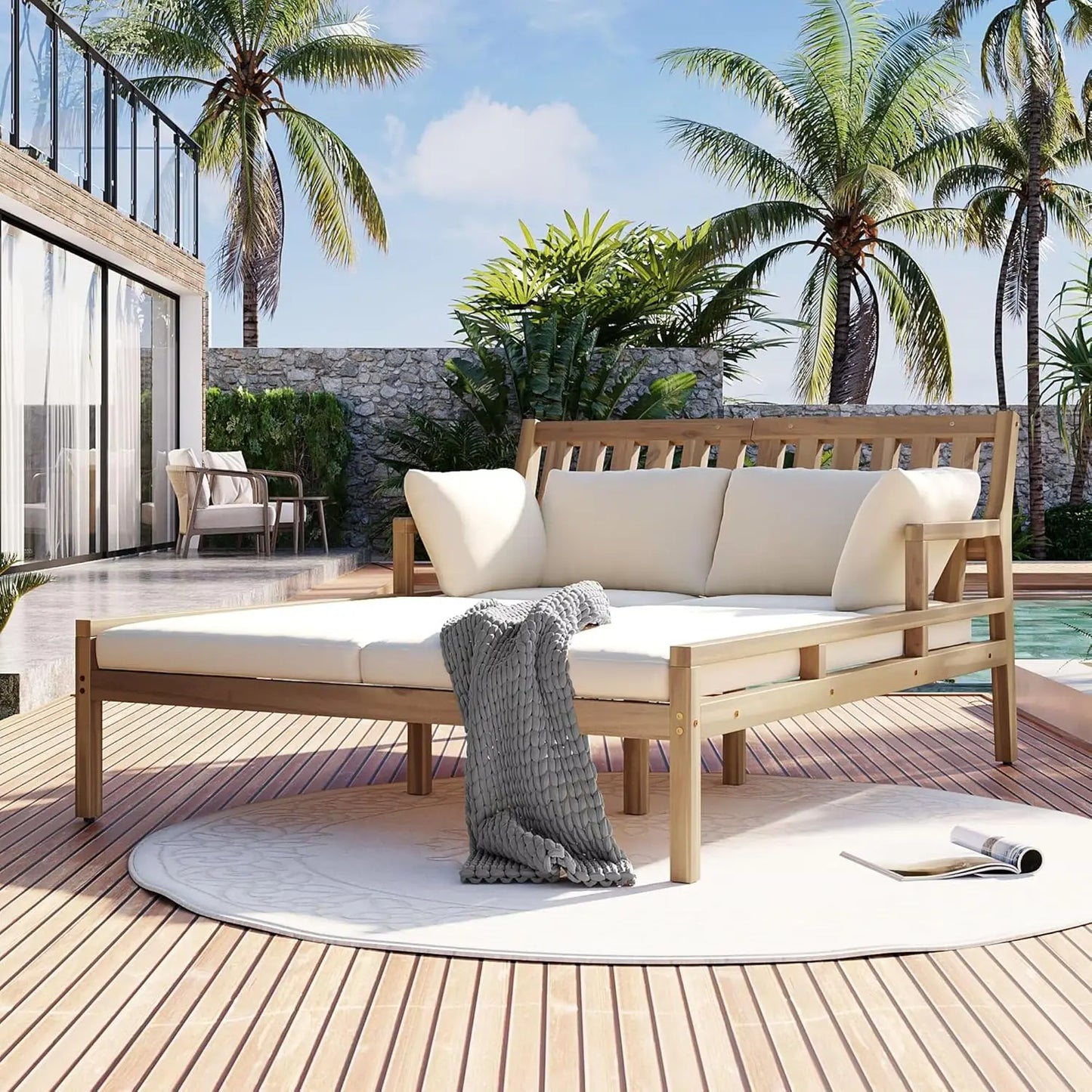 Filling Outdoor Daybed With Pillows Curved Armrests