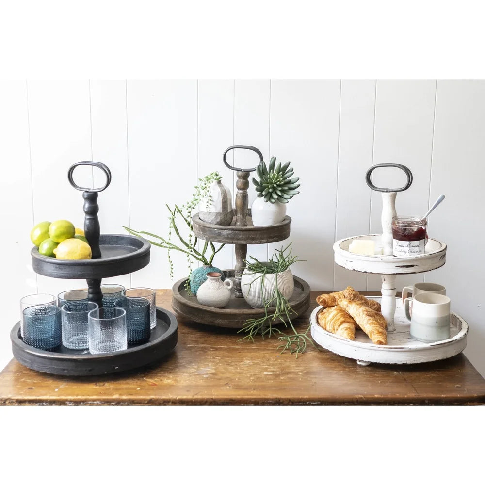 XMSJ Distressed Brown Wood 2 Tier Tray With Metal Handle