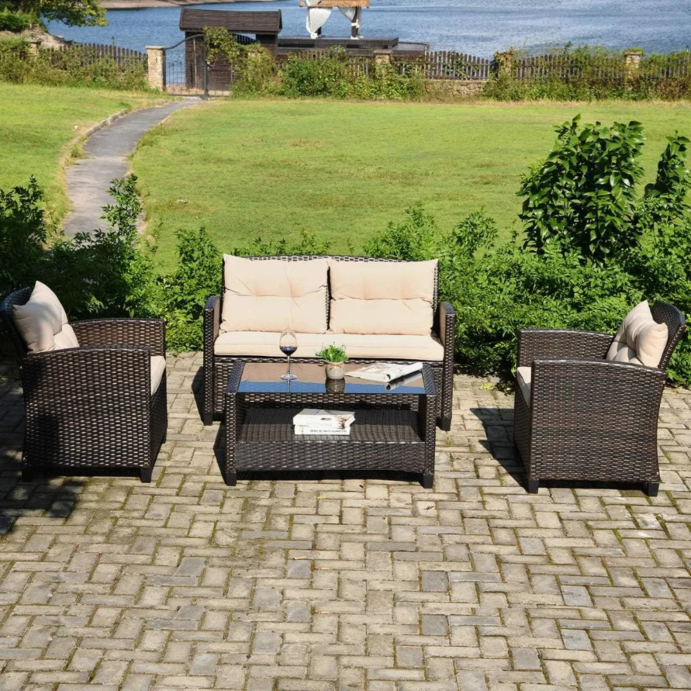 Outdoor Rattan Patio Set With Glass Table All Weather