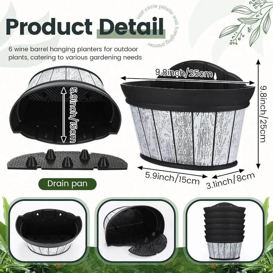 Layhit 6 Pcs Outdoor Wall Hanging Planters Wine Barrel Oak