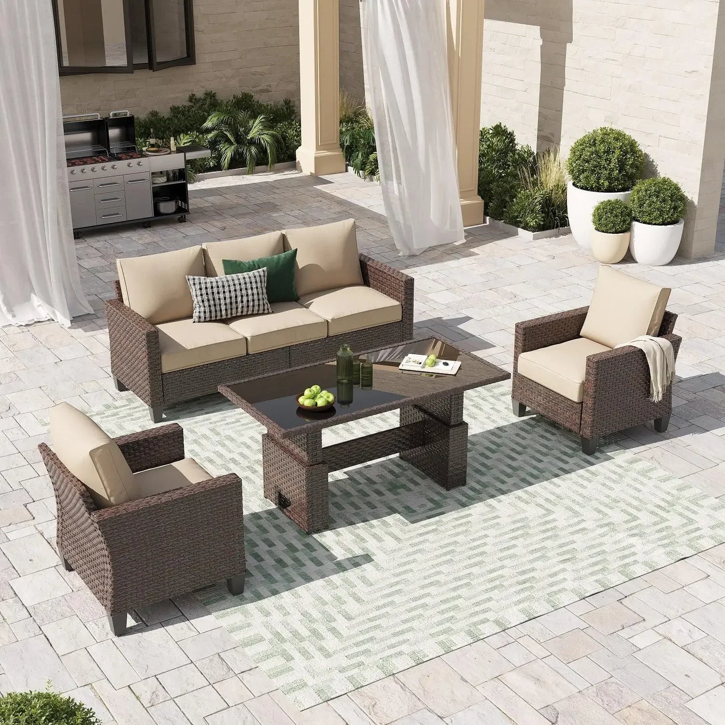 GUANGBAI Outdoor Patio Set 4 Piece Wicker With Lift