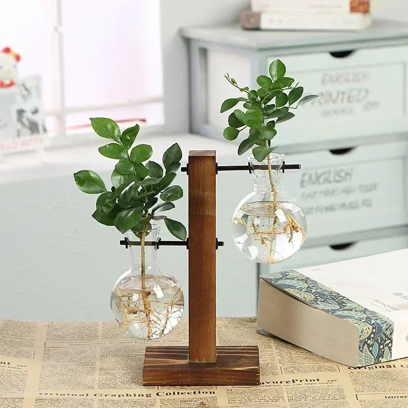 SMHXIANGQIANJIN Transparent Bulb Vase On Wooden Stand Cafe