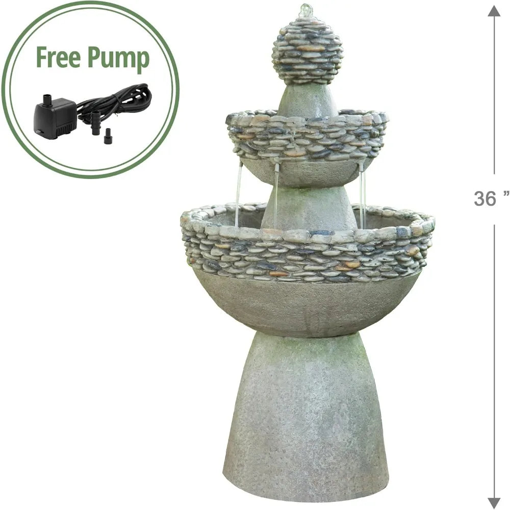Outdoor 3 Tier Zen Style Pedestal Fountain Stone Trim