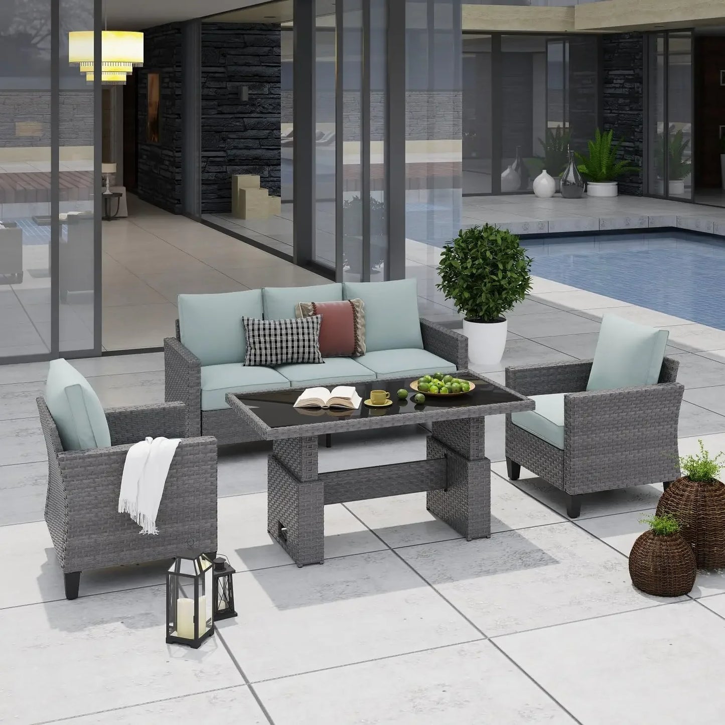 GUANGBAI Outdoor Patio Set 4 Piece Wicker With Lift