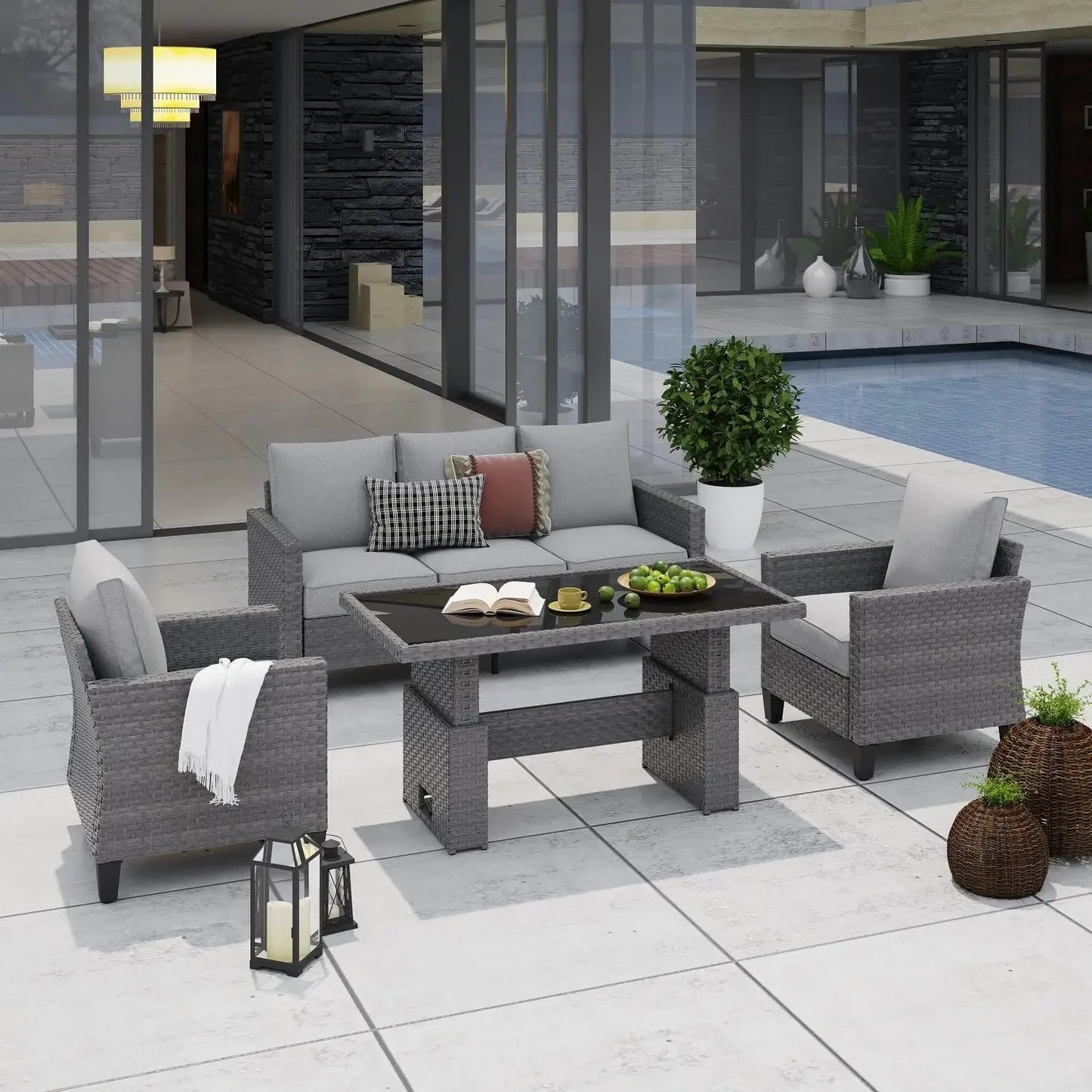 GUANGBAI Outdoor Patio Set 4 Piece Wicker With Lift
