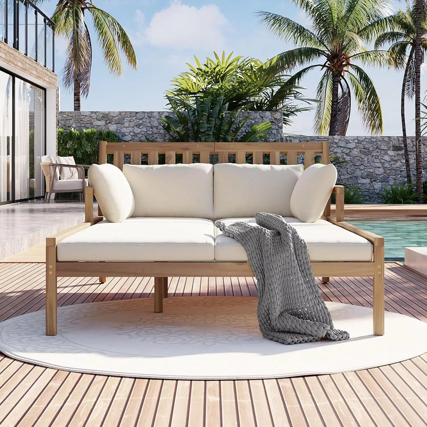 Filling Outdoor Daybed With Pillows Curved Armrests