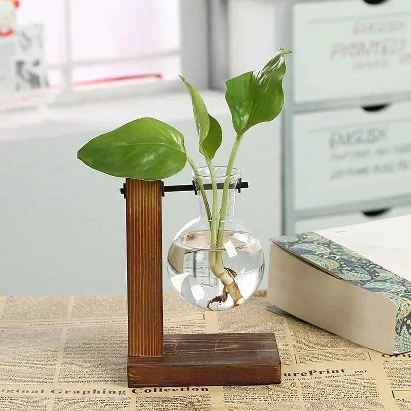 SMHXIANGQIANJIN Transparent Bulb Vase On Wooden Stand Cafe