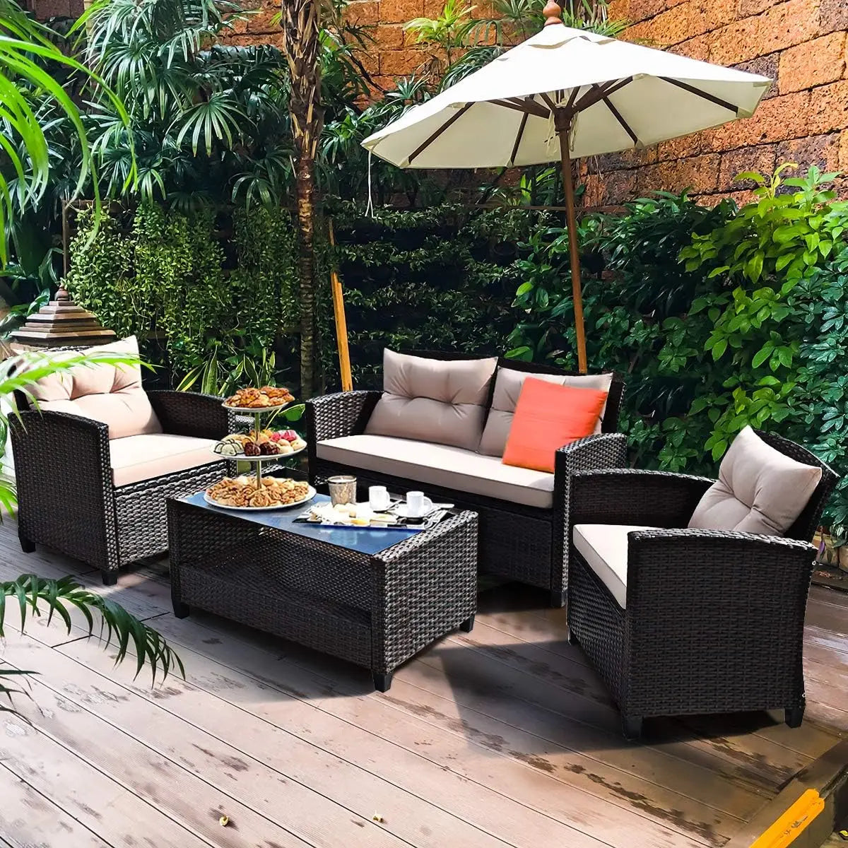 Outdoor Rattan Patio Set With Glass Table All Weather