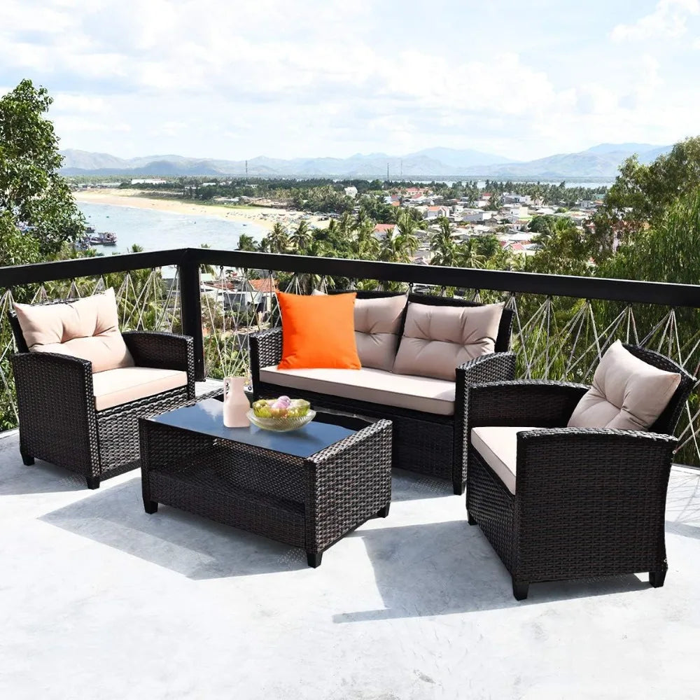 Outdoor Rattan Patio Set With Glass Table All Weather