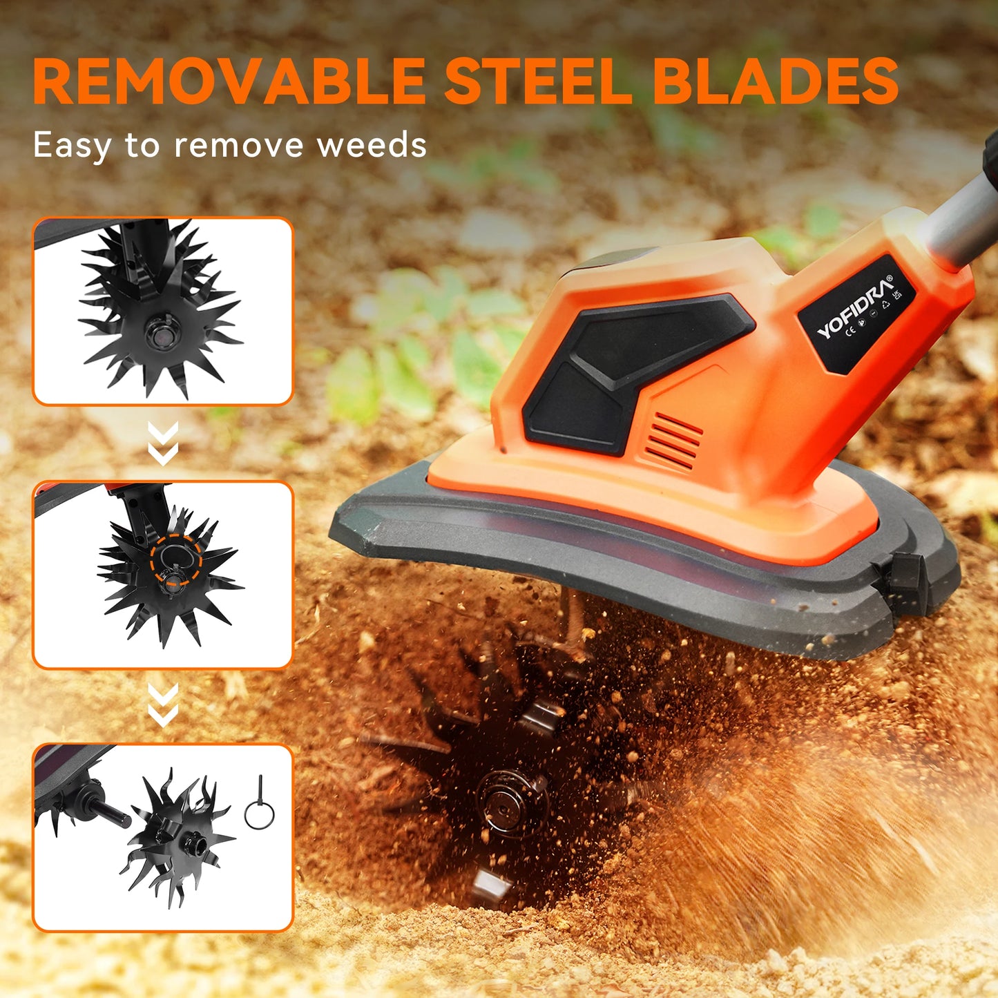 YOFIDRA Electric Rotary Tiller Cultivator Cordless Lawn Mower Rototiller Soil Cultivation Garden Tool For Makita 21V Battery Pin