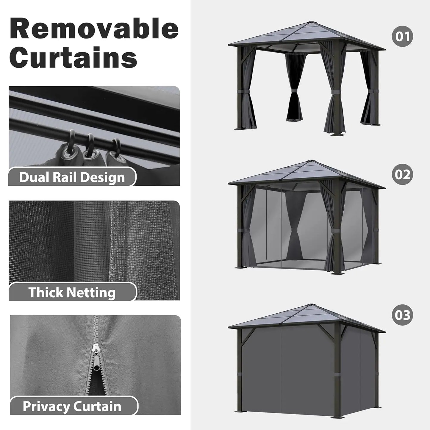 10x10FT Gazebo Hardtop, Outdoor Patio Gazebos with Polycarbonate Roof & Steel Frame, Outdoor Pavilion with Gray, Customized