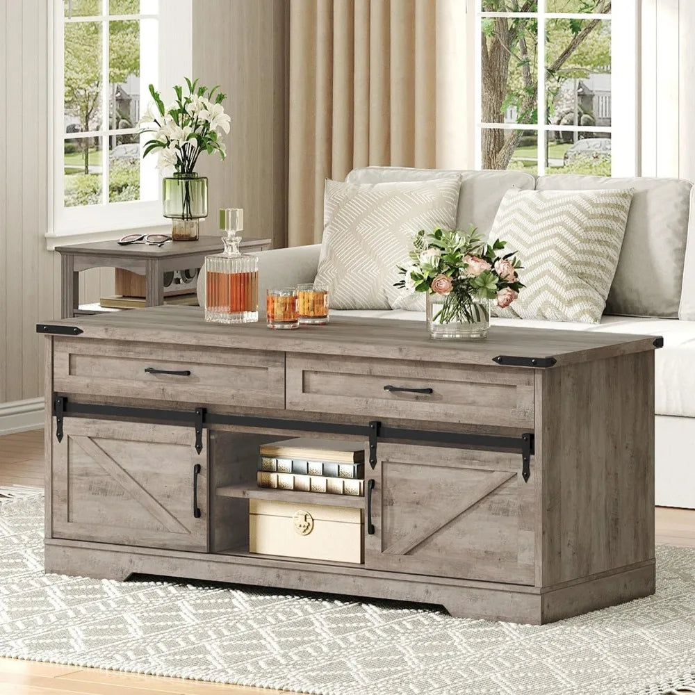 Farmhouse Coffee Table With Storage And Sliding Barn Doors
