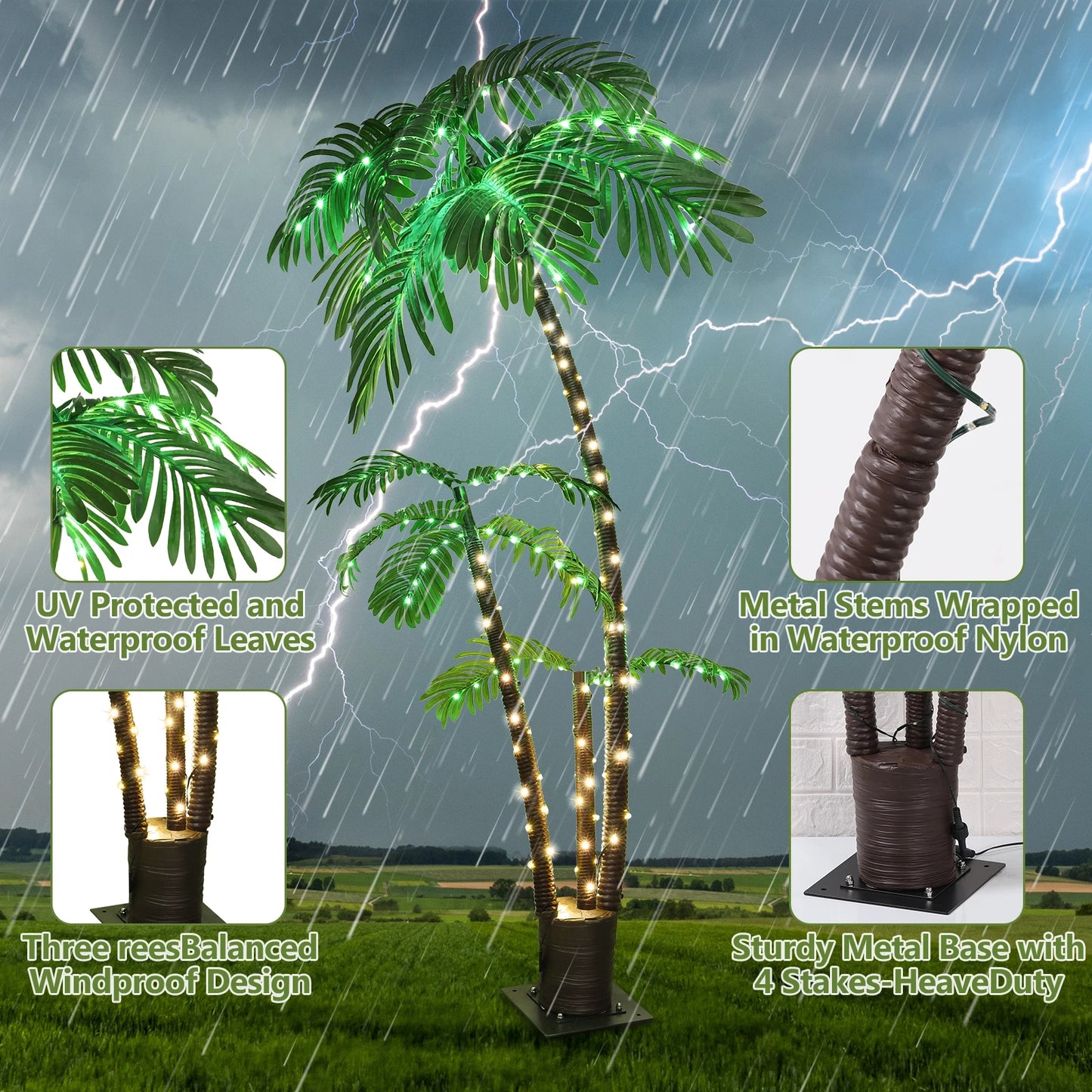 Solar Lighted Palm Tree 6ft LED For Tiki Bar Xmas Decor