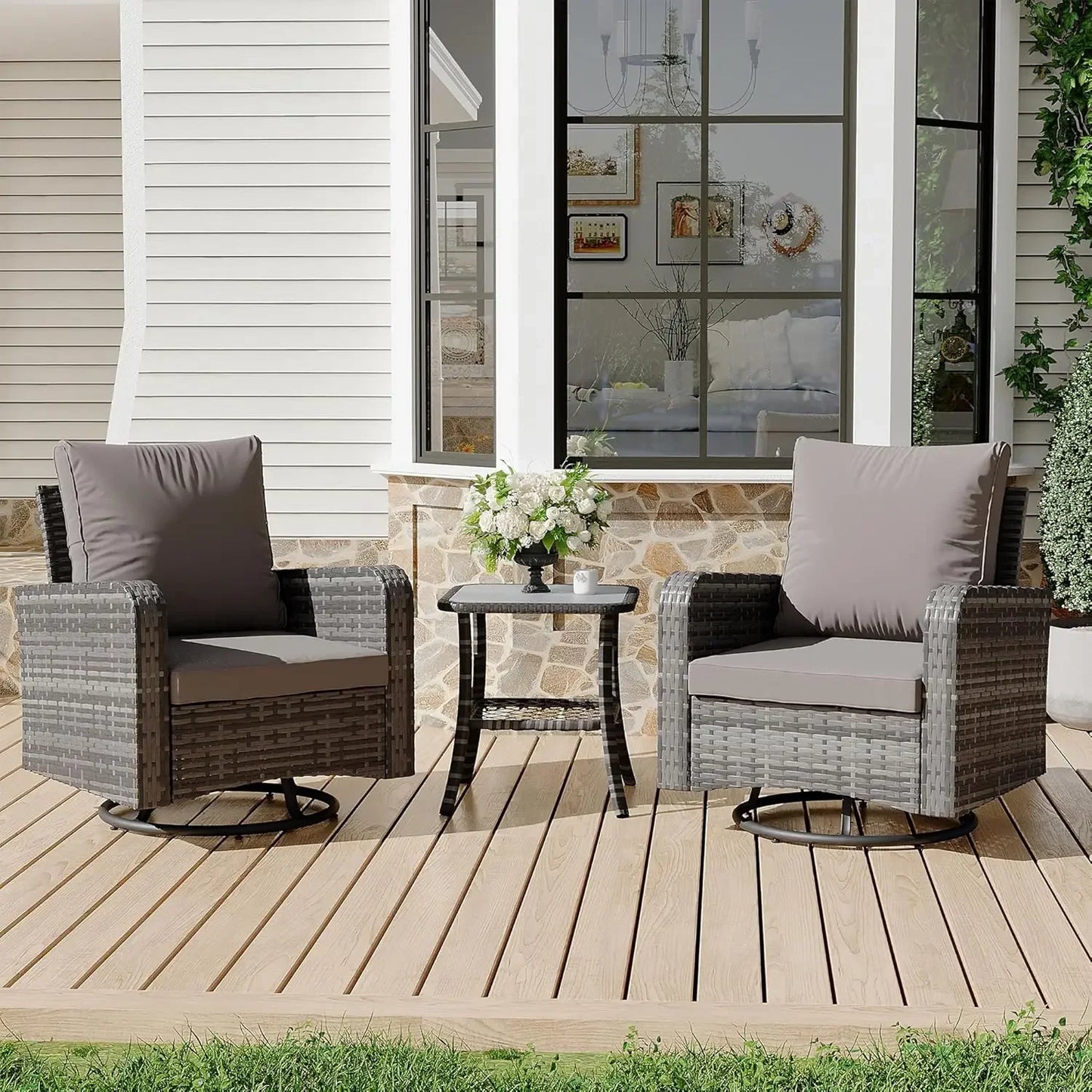 HUANZHUANG Swivel Chairs Set Side Table All Weather Bistro