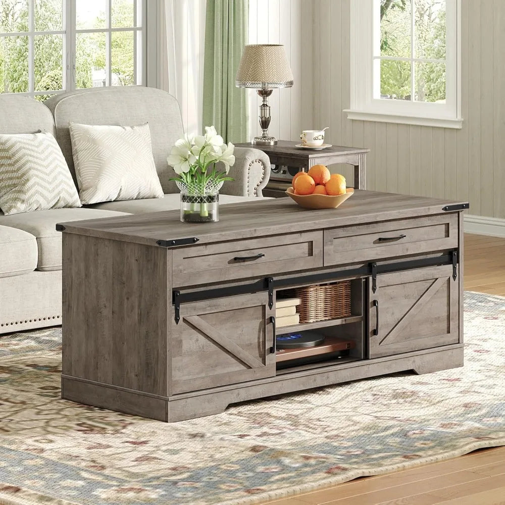 Farmhouse Coffee Table With Storage And Sliding Barn Doors