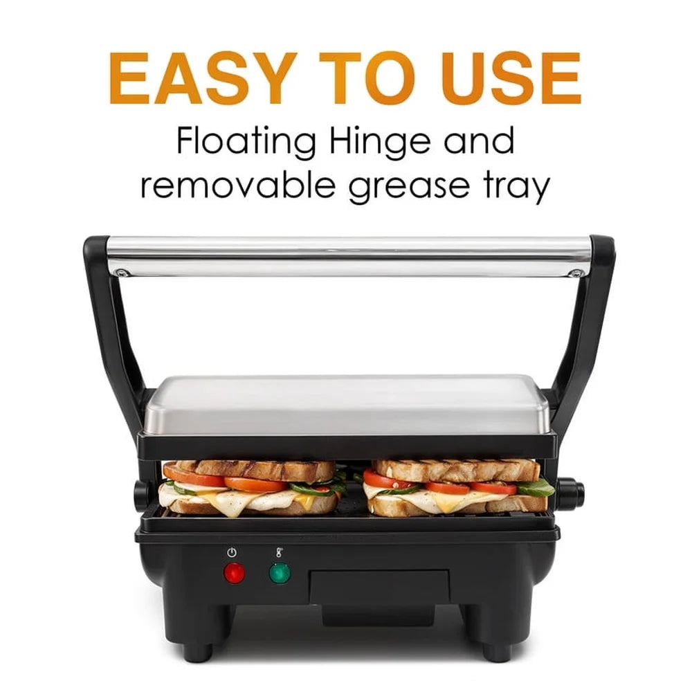 3 in 1 Panini Press Grill Electric Compact Non-Stick Cooking Surface Flat Griddle Grease Drawer Cool-Touch Handle Kitchen