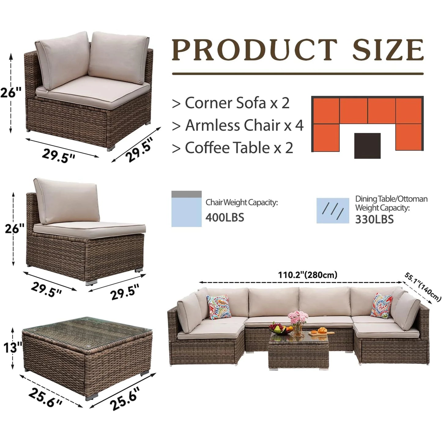 Naga Bahna Outdoor Patio Furniture 7 Piece Sectional Set