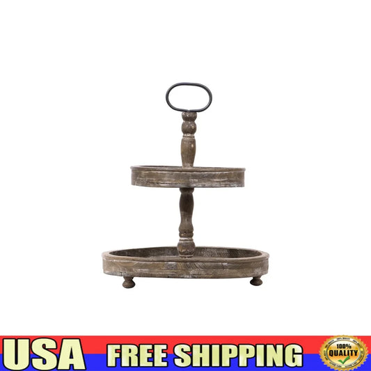 XMSJ Distressed Brown Wood 2 Tier Tray With Metal Handle
