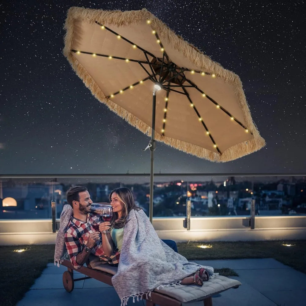 Thatched Patio Umbrella 9ft With LED Lights Solar Tiki